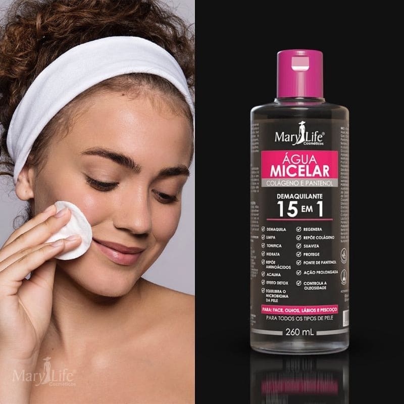 Água Micelar Demaquilante Colágeno e Pantenol 15em1 Mary Life 260ml
