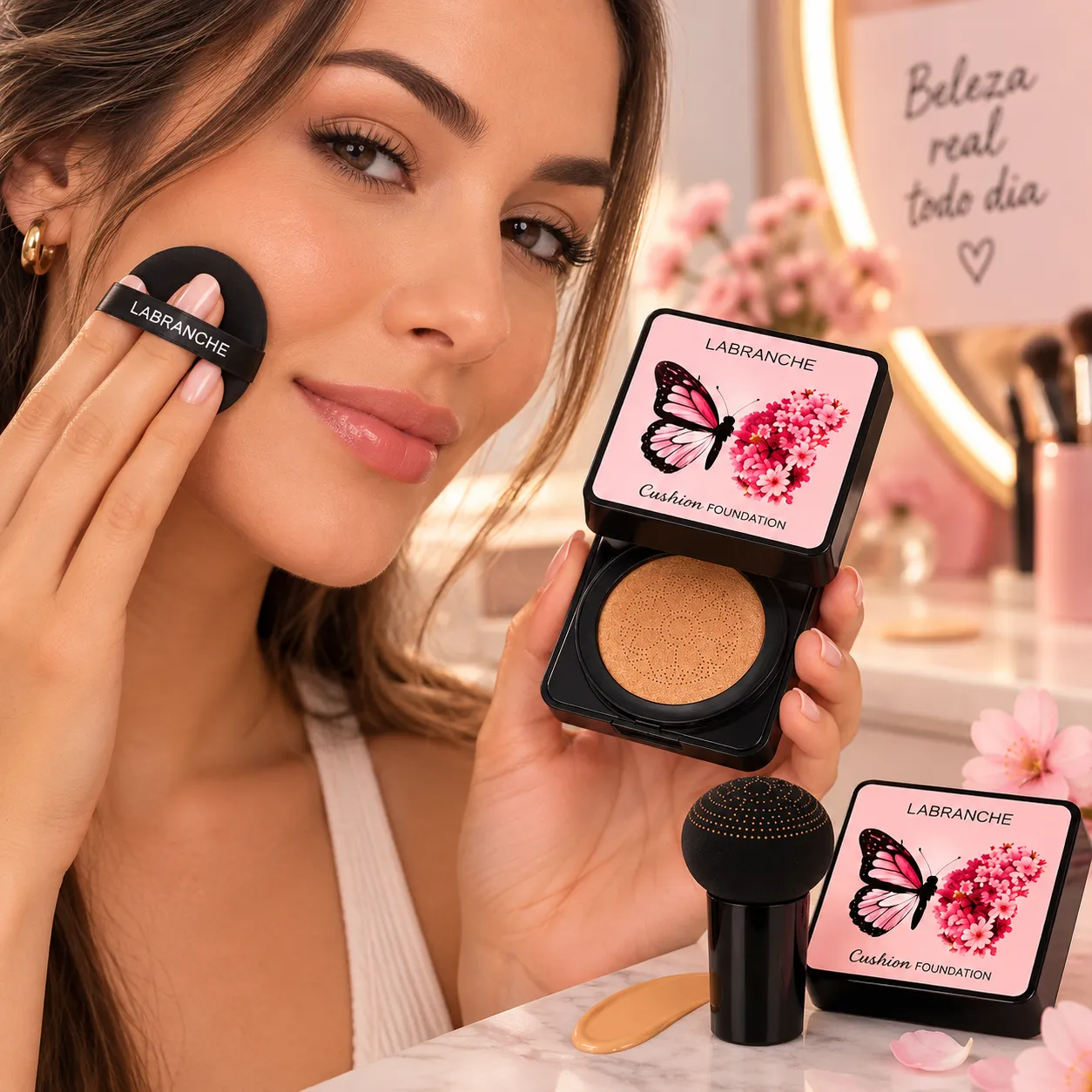 Base Mousse Mia Make 18g com Espelho e Esponja | Acabamento Acetinado